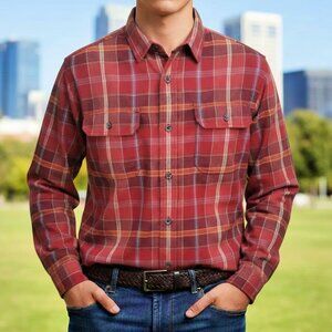 ORVIS Shirt Men's Size Large Button Front Long Sleeve Red Orange Plaid Casual
